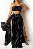 Blue Fashion Sexy Dot Print Backless Slit Strapless Sleeveless Two Pieces