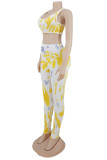 Yellow Fashion Casual Print Vests Pants U Neck Sleeveless Two Pieces