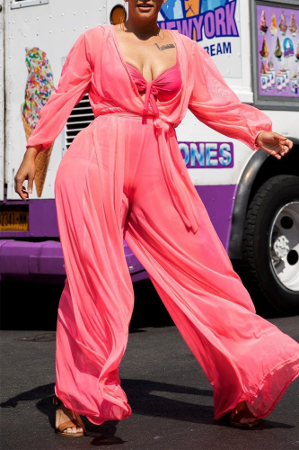 Pink Casual Solid Patchwork V Neck Plus Size Jumpsuits