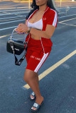 Roter lässiger Sportswear-Buchstaben-gestickter Patchwork-Reißverschluss-Kragen, kurzärmlig, zweiteilig