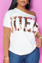 White Casual Print Sequins O Neck T-Shirts
