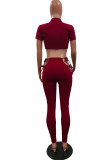 Burgundy Fashion Sexy Solid Hollowed Out Strap Design Half A Turtleneck Short Sleeve Two Pieces