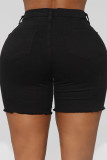 Black Street Solid Ripped Make Old Skinny High Waist Straight Patchwork Plus Size Denim Shorts