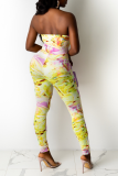 Yellow Sexy Print Patchwork Halter Skinny Jumpsuits