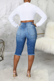 Blue Casual Solid Mid Waist Distressed Skinny Ripped Denim Shorts