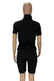 Schwarzer lässiger Sportswear-Brief bestickter Patchwork-Reißverschlusskragen mit kurzen Ärmeln, zweiteilig