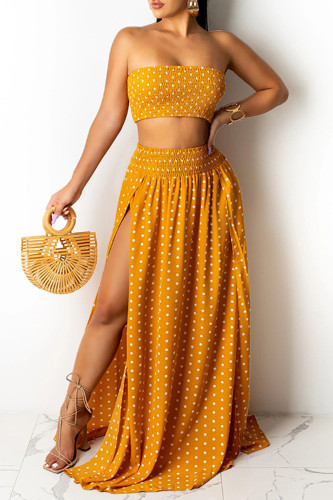 Yellow Fashion Sexy Dot Print Backless Slit Strapless Sleeveless Two Pieces