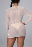 Apricot Sexy Patchwork Hot Drilling Hollowed Out See-through Long Sleeve Dress Three-piece Set