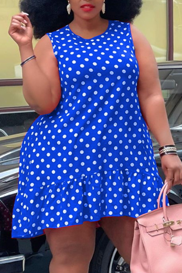 Синее модное повседневное платье большого размера с принтом в горошек, базовое платье с круглым вырезом и жилетом