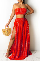 Red Fashion Sexy Dot Print Backless Slit Strapless Sleeveless Two Pieces