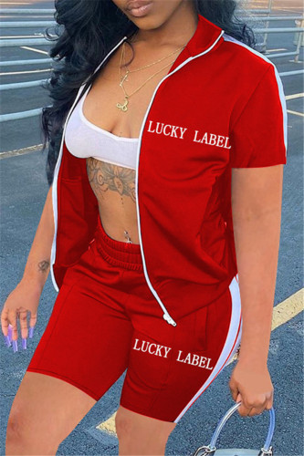 Red Casual Sportswear Letter Embroidered Patchwork Zipper Collar Short Sleeve Two Pieces