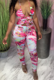 Yellow Sexy Print Patchwork Halter Skinny Jumpsuits