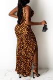 Vestidos de saia lápis com estampa de leopardo sexy leopardo com abertura alta e gola alta