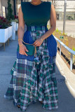 Falda moda casual estampado a cuadros patchwork regular cintura alta verde