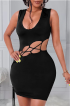 Black Sexy Solid Hollowed Out U Neck Pencil Skirt Dresses