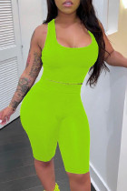 Fluorescent Green Fashion Casual Solid Basic U Neck Sleeveless Two Pieces Tank Tops And Short Set