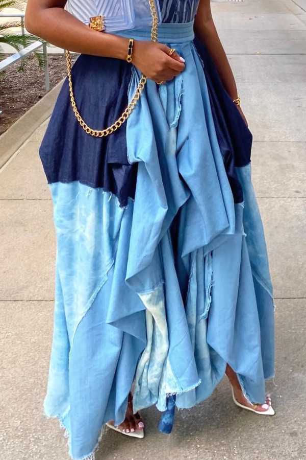Голубая модная повседневная клетчатая лоскутная юбка с высокой талией и обычной талией