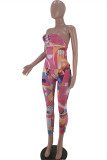 Pink Fashion Sexy Print Backless Strapless Skinny Jumpsuits