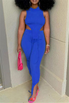 Chalecos lisos casuales de moda azul asimétricos medio cuello alto sin mangas de dos piezas