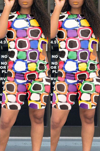 Colour Fashion Casual Print Basic O Neck Short Sleeve Two Pieces