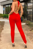 Röd Sexig Casual Solid Backless Halter Skinny Jumpsuits