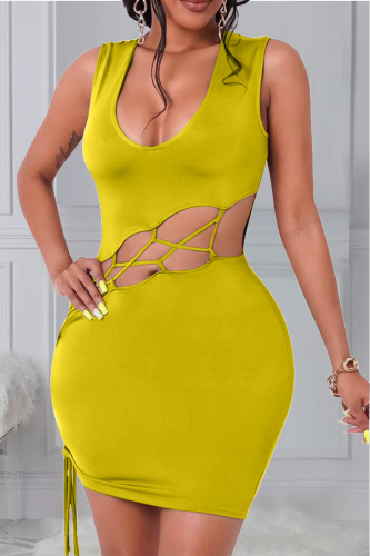 Yellow Sexy Solid Hollowed Out U Neck Pencil Skirt Dresses