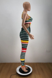 Red Casual Striped Patchwork O Neck Sleeveless Two Pieces