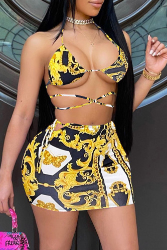 Black Gold Fashion Sexy Print Backless Strap Design Halter Sleeveless Two Pieces