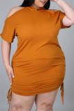 Оранжевые модные повседневные сплошные выдолбленные платья с капюшоном и воротником больших размеров