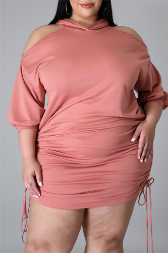 ピンク ファッション カジュアル ソリッド 中空アウト フード付きカラー プラス サイズ ドレス
