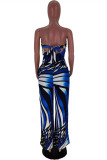 Blue Sexy Casual Print Backless Strapless Regular Jumpsuits