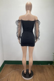 Zwarte mode sexy effen patchwork doorschijnende vierkante kraag jurken met lange mouwen
