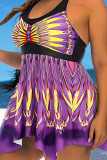 Purple Sexy Print Patchwork Halter A Line Plus Size Swimwear