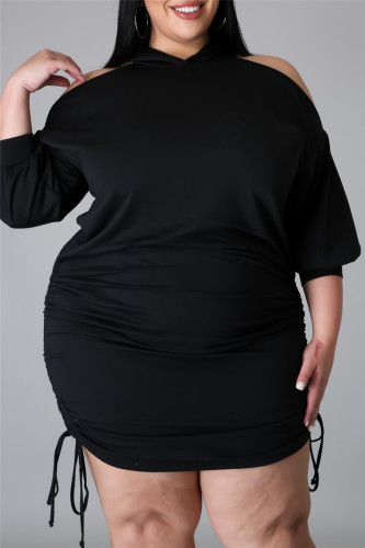 Zwarte mode casual effen uitgeholde kraag met capuchon plus size jurken