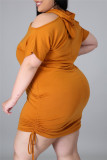 Оранжевые модные повседневные сплошные выдолбленные платья с капюшоном и воротником больших размеров