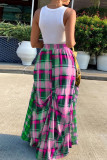 Groene mode casual geruite print patchwork normale rok met hoge taille