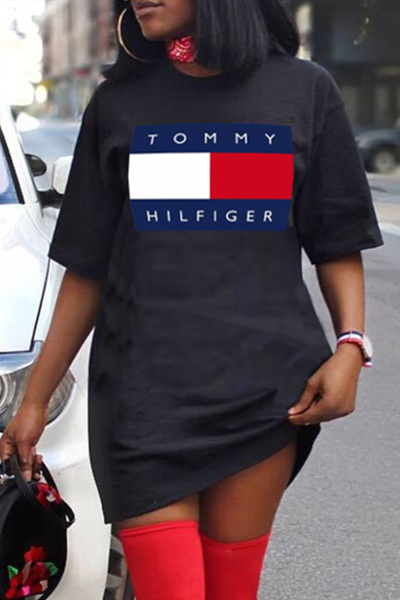 

Black Fashion Casual Print Basic O Neck Short Sleeve T-shirt Dress
