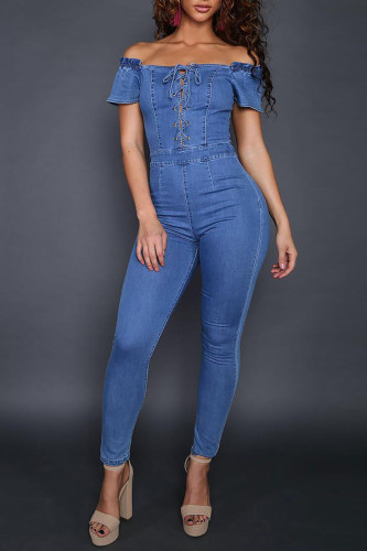 Blue Casual Backless Off the Shoulder Skinny Denim Jumpsuits