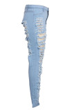 Jeans de talla grande rasgados sólidos informales de moda azul bebé