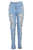 Babyblå Mode Casual Solid Ripped Plus Size Jeans
