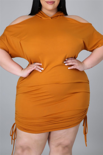 Oranje mode casual effen uitgeholde kraag met capuchon plus size jurken