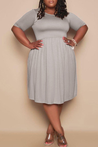 Серое модное повседневное однотонное базовое платье больших размеров с круглым вырезом и короткими рукавами (без кармана)