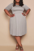 Grau Mode Lässig Übergröße Solide Basic O-Ausschnitt Kurzarm Kleid (ohne Tasche)