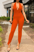 Orange Sexig Casual Solid Backless Halter Skinny Jumpsuits