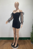 Black Fashion Sexy Solid Patchwork See-through Square Collar Long Sleeve Dresses