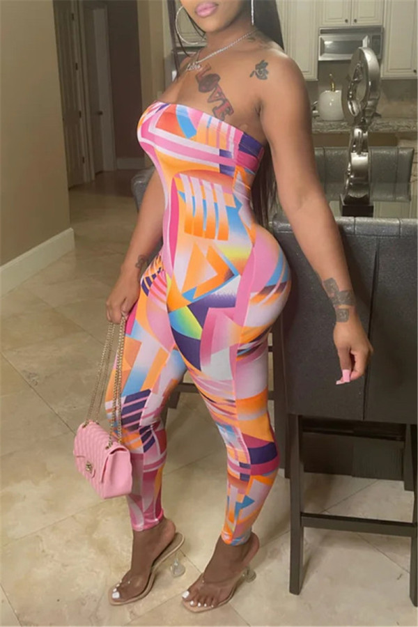 Pink Fashion Sexy Print Backless Strapless Skinny Jumpsuits