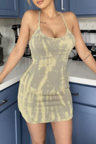 Grey Sexy Print Split Joint Spaghetti Strap Pencil Skirt Dresses