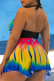 Costume da bagno viola sexy con stampa patchwork Halter A Line Plus Size