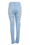 Calça jeans plus size rasgada casual moda azul bebê
