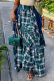 グリーンファッションカジュアルチェック柄プリントパッチワークレギュラーハイウエストスカート